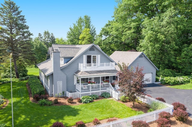 view of front of home featuring a garage, covered porch, a balcony, and a front lawn