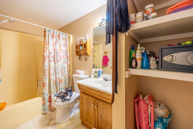 bathroom with shower / bath combination with curtain, toilet, vanity, a textured ceiling, and tile patterned flooring