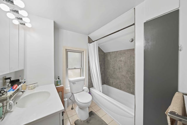 full bathroom with shower / tub combo, vanity, toilet, and tile patterned flooring