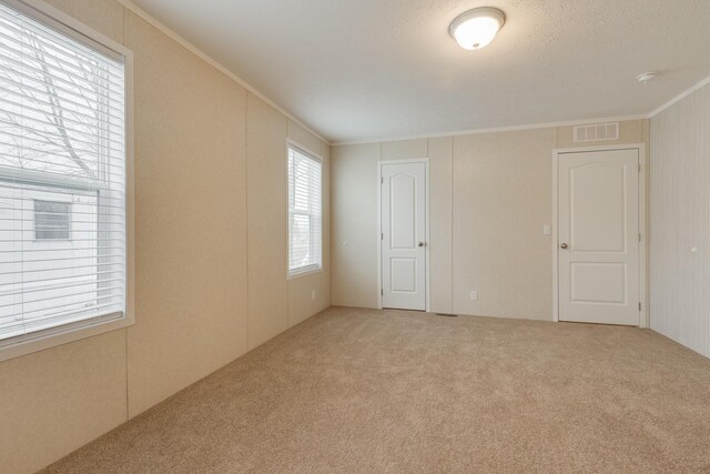 empty room with light carpet and ornamental molding