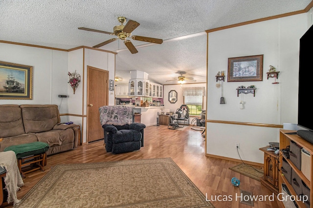 living room featuring ceiling fan, a textured ceiling, and light hardwood / wood-style flooring