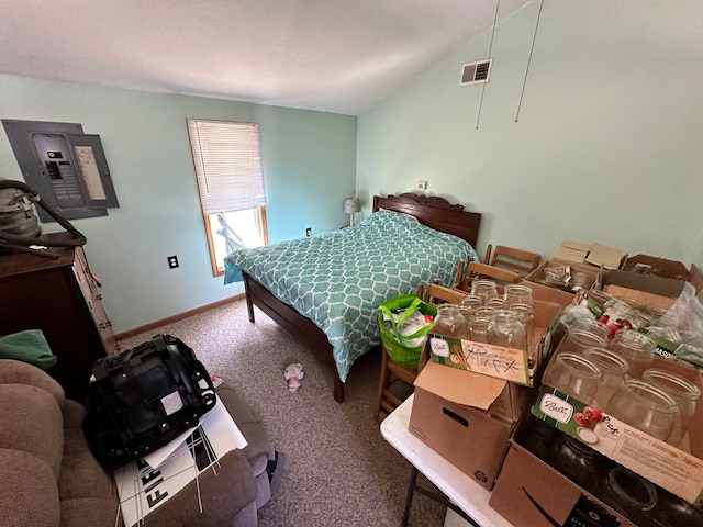 bedroom featuring electric panel and carpet