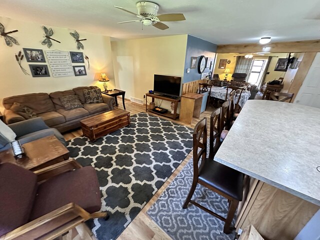 living room featuring ceiling fan and hardwood / wood-style floors