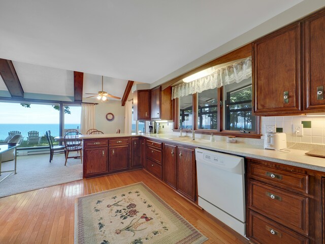 kitchen with white dishwasher, plenty of natural light, and light hardwood / wood-style flooring