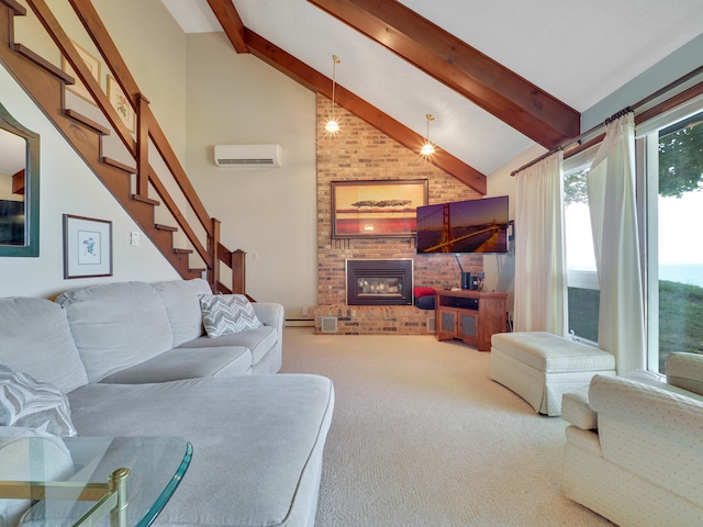 living room featuring a fireplace, beamed ceiling, carpet, an AC wall unit, and brick wall