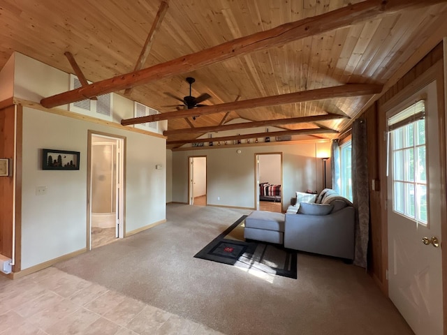 living room featuring ceiling fan, light colored carpet, lofted ceiling with beams, and wooden ceiling