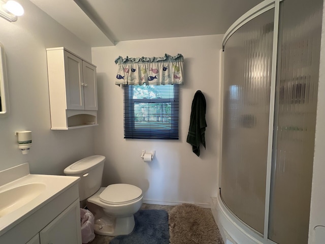 bathroom with a shower with door, vanity, and toilet