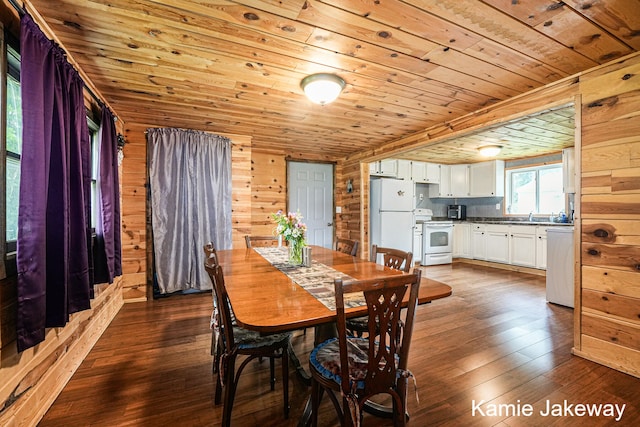 dining area with sink, wood walls, wooden ceiling, and wood-type flooring