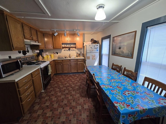 kitchen featuring sink, white fridge, and electric stove