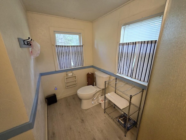 bathroom with hardwood / wood-style floors, toilet, and ornamental molding