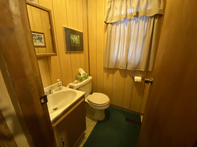 bathroom featuring wood walls, vanity, and toilet