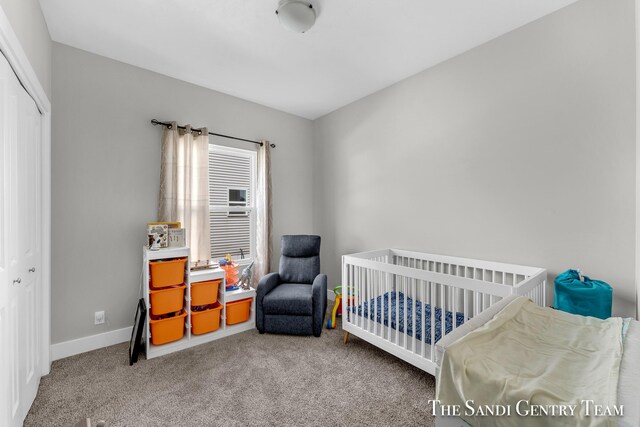 bedroom with a crib, carpet floors, and a closet