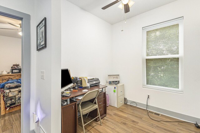 home office with ceiling fan and light wood-type flooring