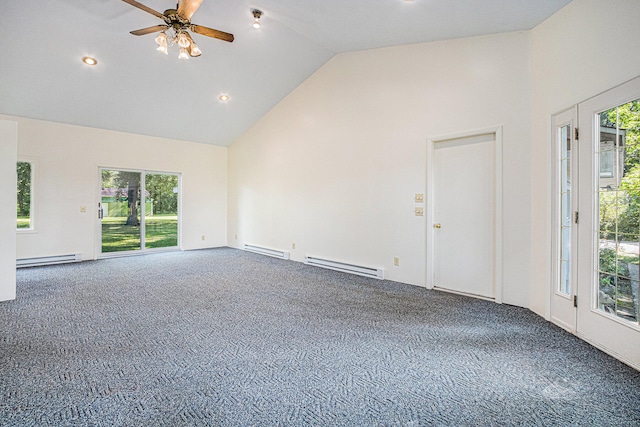 unfurnished living room with carpet flooring, high vaulted ceiling, and a baseboard heating unit