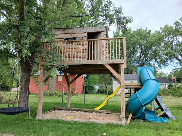 view of jungle gym with a lawn