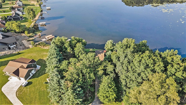 birds eye view of property featuring a water view