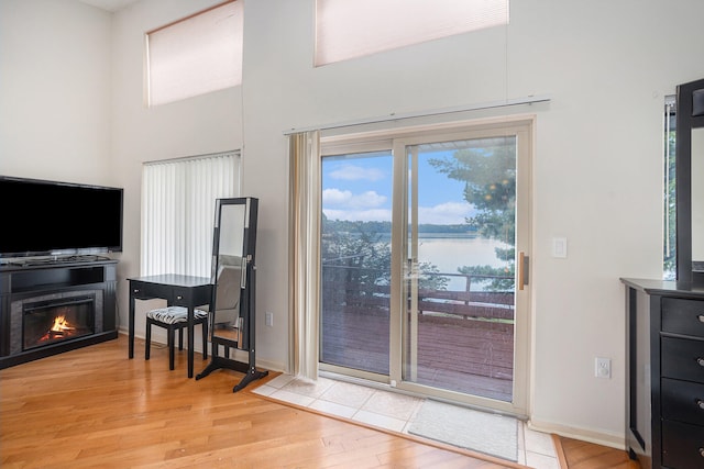 doorway featuring light hardwood / wood-style flooring, a high ceiling, and a water view