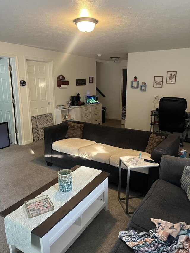 carpeted living room featuring a textured ceiling