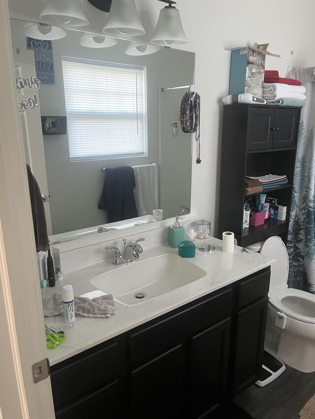 bathroom featuring curtained shower, vanity, toilet, and hardwood / wood-style flooring