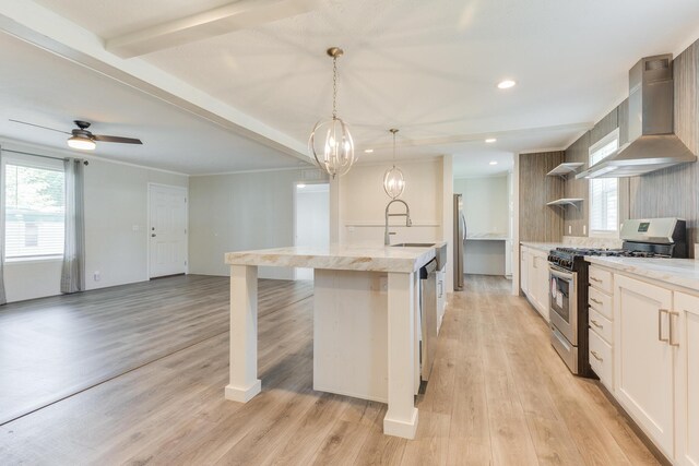 kitchen with light hardwood / wood-style flooring, ceiling fan with notable chandelier, wall chimney range hood, and stainless steel appliances