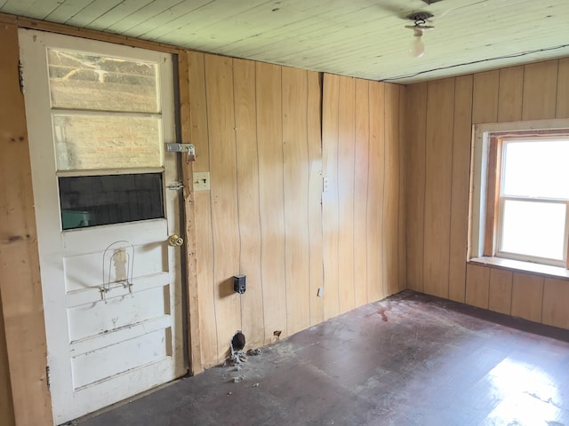 empty room featuring wood walls and wood ceiling