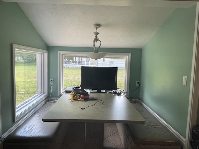 tiled dining area with baseboards, plenty of natural light, a textured ceiling, and vaulted ceiling