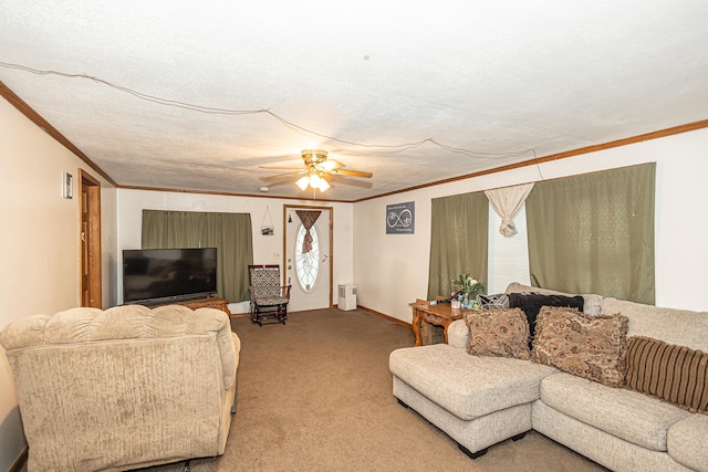 carpeted living room with ceiling fan, crown molding, and radiator heating unit