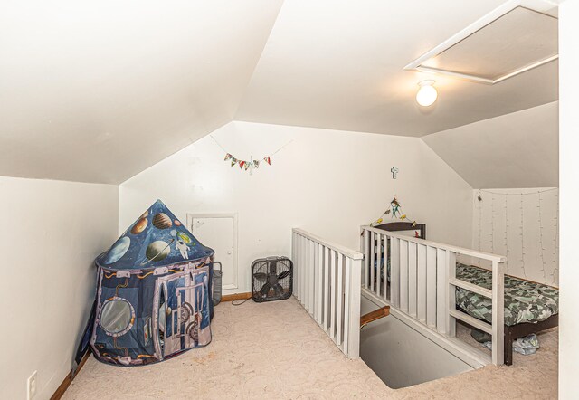 additional living space featuring vaulted ceiling and carpet floors