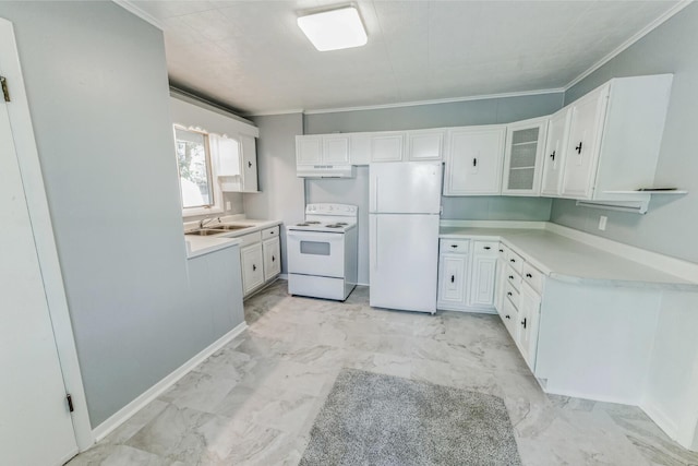 kitchen featuring sink, white cabinetry, white appliances, and light tile patterned floors