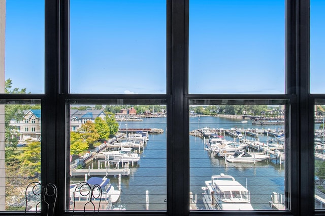 interior details with a water view