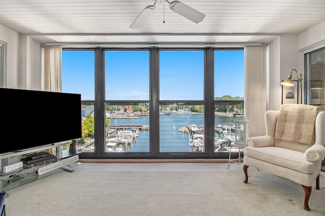 interior space featuring ceiling fan, a healthy amount of sunlight, and a water view