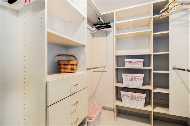 spacious closet featuring light colored carpet