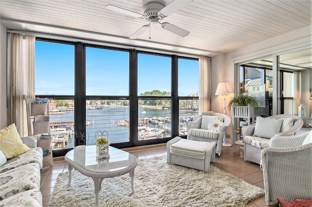 interior space featuring ceiling fan, wood ceiling, plenty of natural light, and a water view