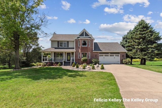 view of front of house featuring a garage, covered porch, a front lawn, and brick siding