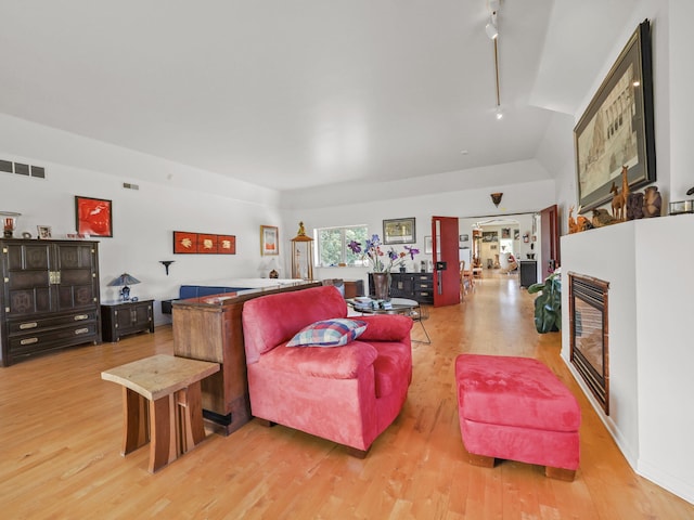 living room with rail lighting and light hardwood / wood-style flooring