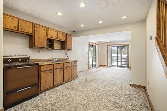 kitchen featuring sink, light colored carpet, range, and a textured ceiling