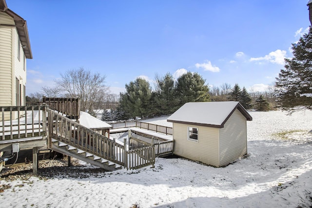 exterior space with a shed