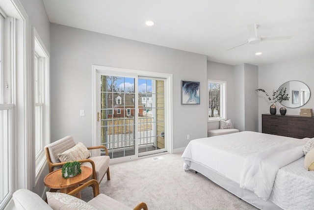 carpeted bedroom with access to outside, ceiling fan, baseboards, and recessed lighting