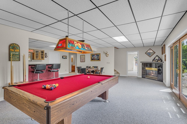 rec room featuring billiards, carpet floors, and a drop ceiling