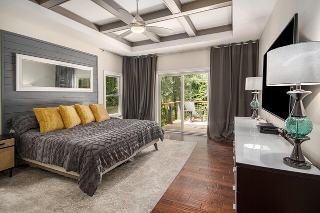 bedroom with coffered ceiling, beamed ceiling, dark wood-type flooring, access to outside, and ceiling fan