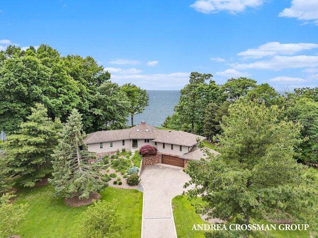 drone / aerial view with a water view