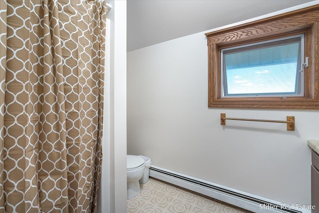 full bath with vanity, a shower with curtain, a baseboard radiator, tile patterned flooring, and toilet