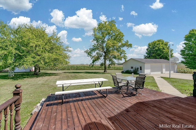 wooden terrace with an outdoor structure, outdoor dining area, and a lawn