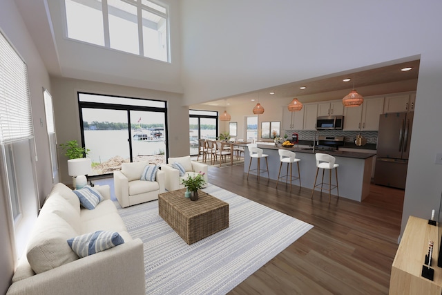 living room featuring dark hardwood / wood-style flooring, a water view, sink, and a high ceiling