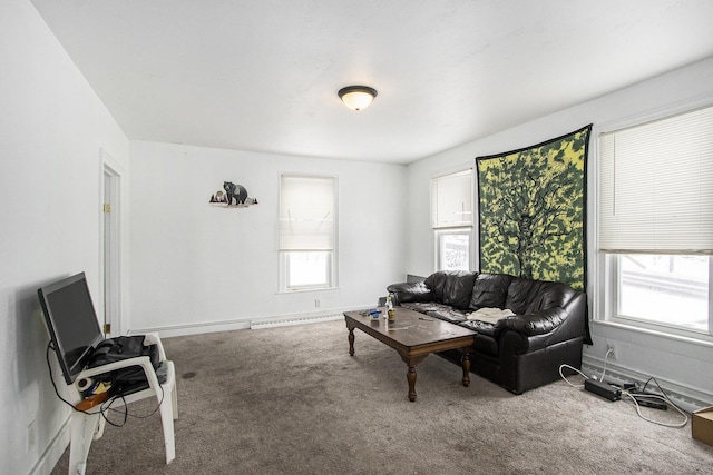 carpeted living room featuring a wealth of natural light and a baseboard radiator