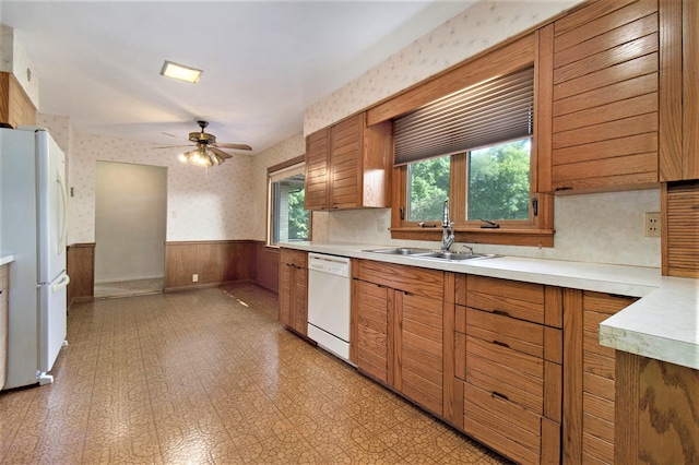 kitchen featuring ceiling fan, a wealth of natural light, sink, and white appliances