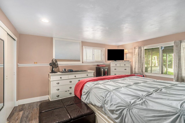 bedroom with dark hardwood / wood-style floors and a closet