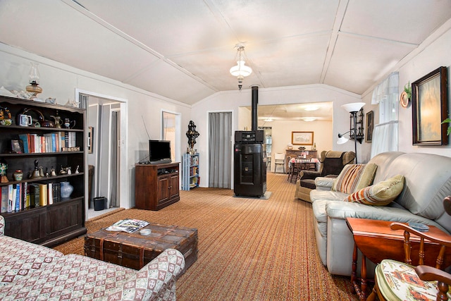 living room with light colored carpet and lofted ceiling