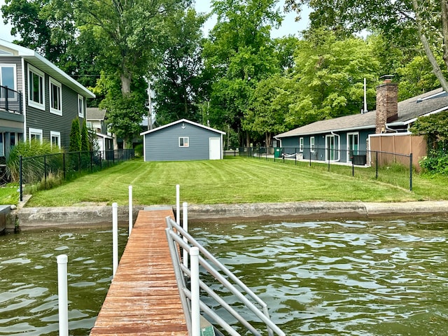 dock area with a yard and a water view