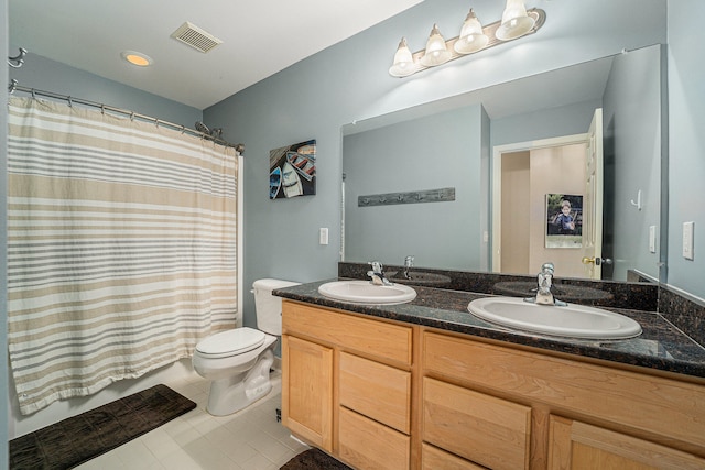 full bathroom featuring shower / bath combo, toilet, tile patterned flooring, and vanity